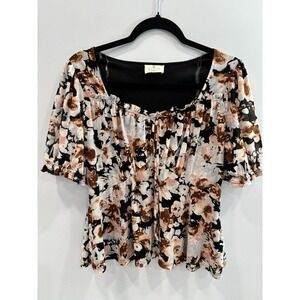 Ember Floral Peplum Blouse Womens L Black Pink Puff Sleeve Top Feminine Dainty